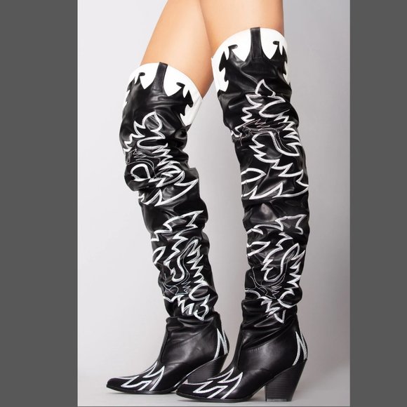 Kelsey Black Embroidered White Thigh High Western Cowboy Slouch Boots - Picture 2 of 8